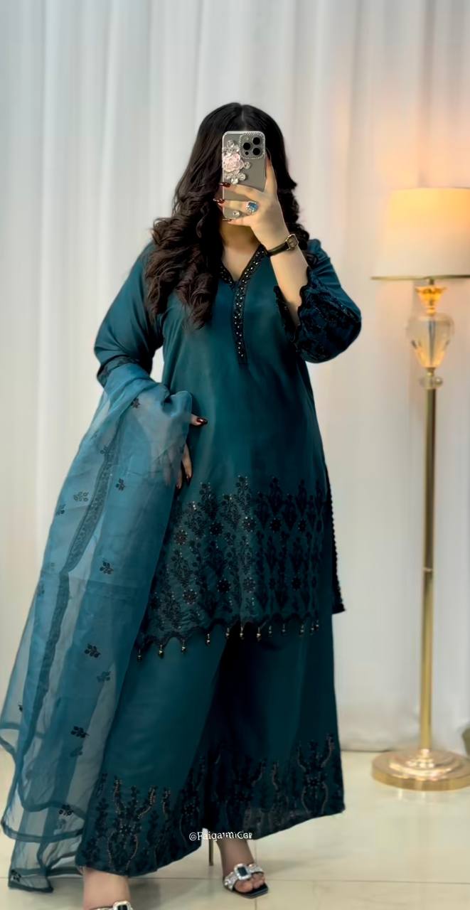 Ceremony Wear Teal Green Color Vichitra Silk With Beautiful Embroidery Sequin Work Palazzo Suit