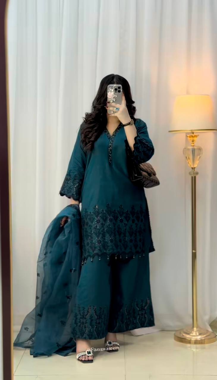 Ceremony Wear Teal Green Color Vichitra Silk With Beautiful Embroidery Sequin Work Palazzo Suit