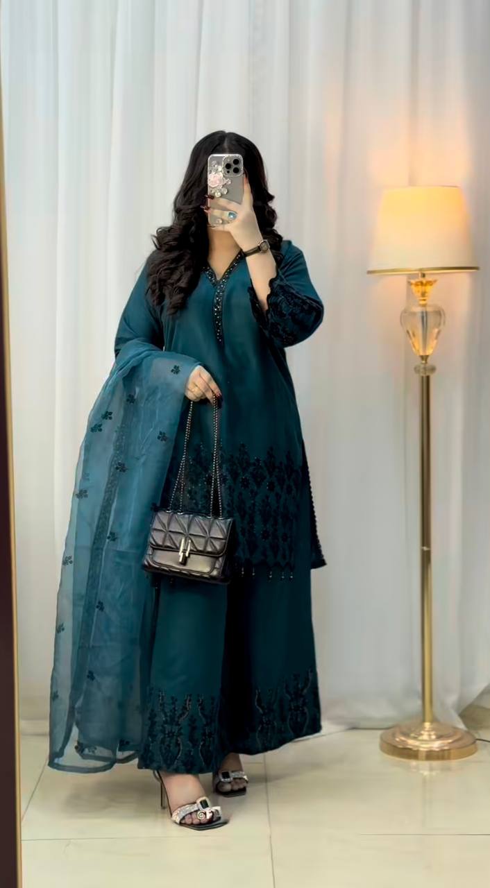 Ceremony Wear Teal Green Color Vichitra Silk With Beautiful Embroidery Sequin Work Palazzo Suit