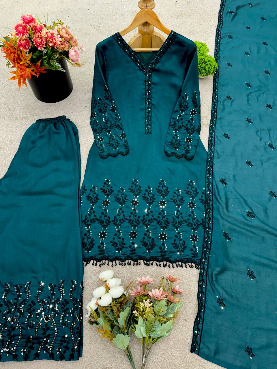 Ceremony Wear Teal Green Color Vichitra Silk With Beautiful Embroidery Sequin Work Palazzo Suit