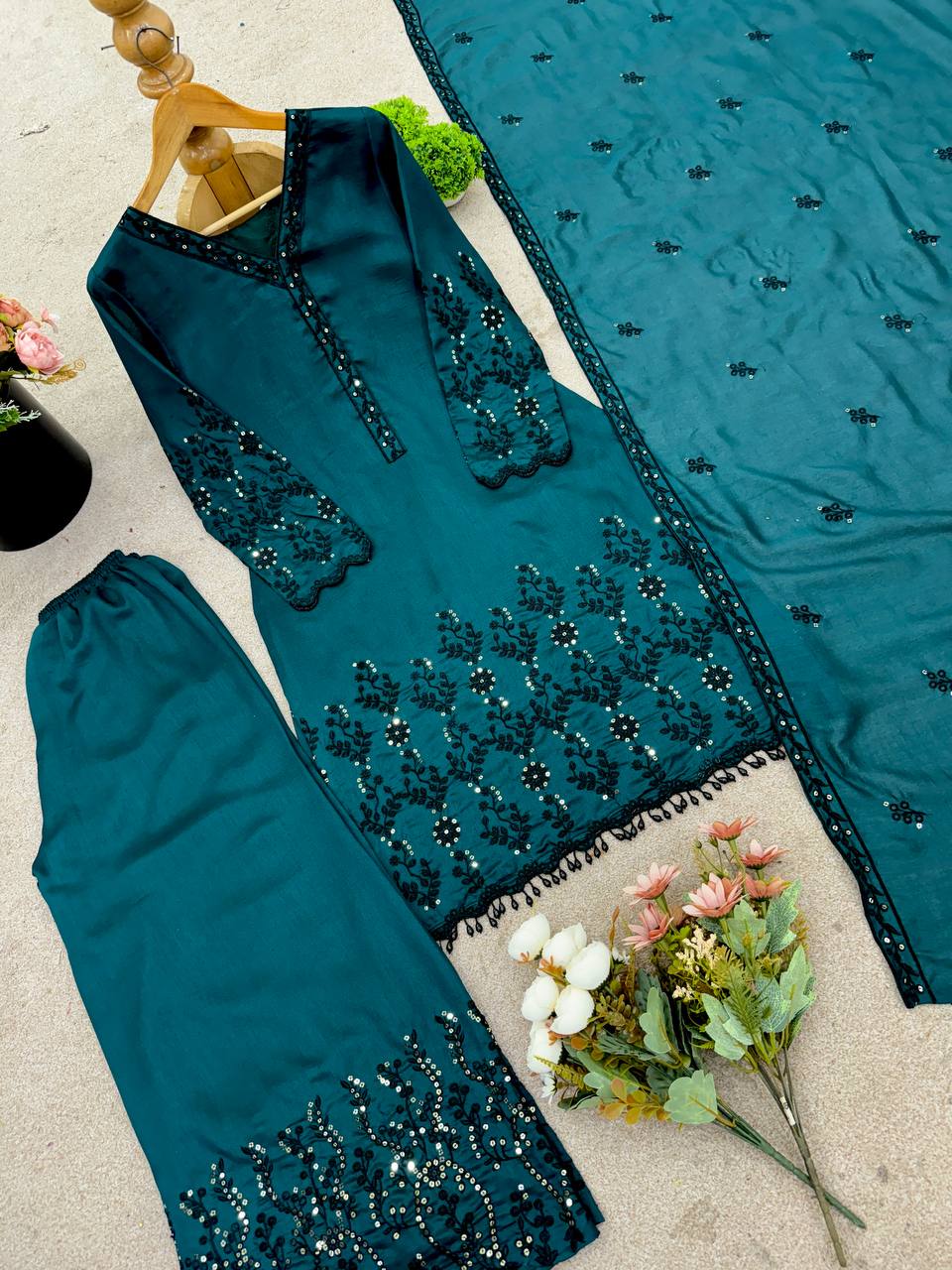 Ceremony Wear Teal Green Color Vichitra Silk With Beautiful Embroidery Sequin Work Palazzo Suit