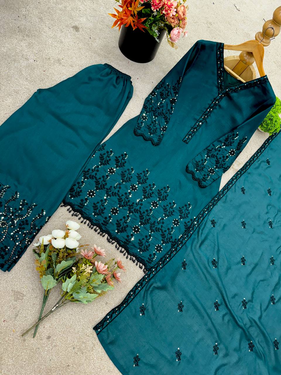 Ceremony Wear Teal Green Color Vichitra Silk With Beautiful Embroidery Sequin Work Palazzo Suit