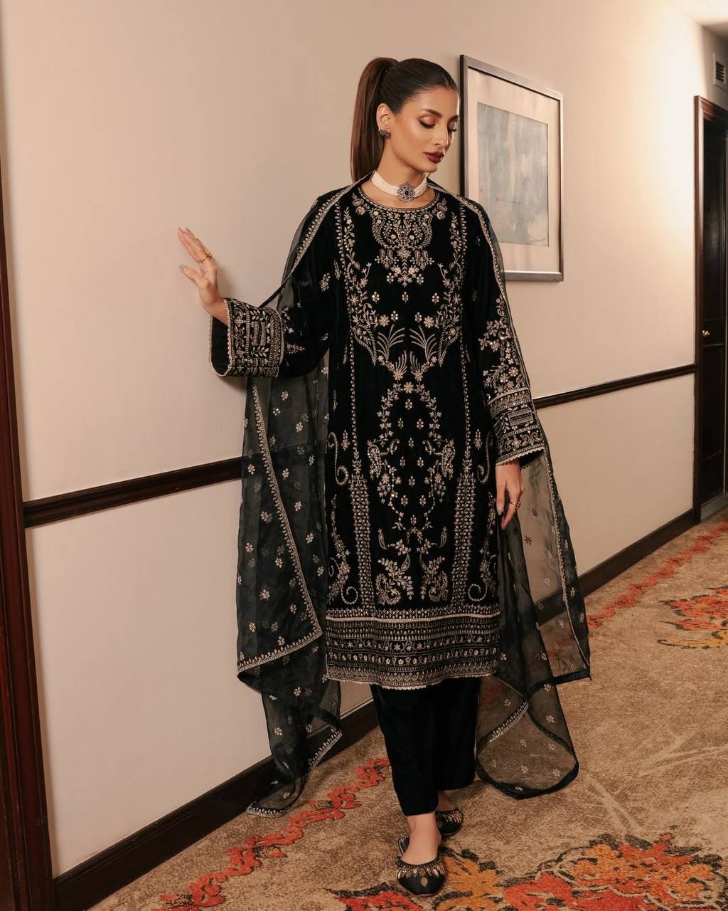Party Wear Black Color Heavy Natural Crepe Heavy Embroidered Sequin Work Salwar Suit