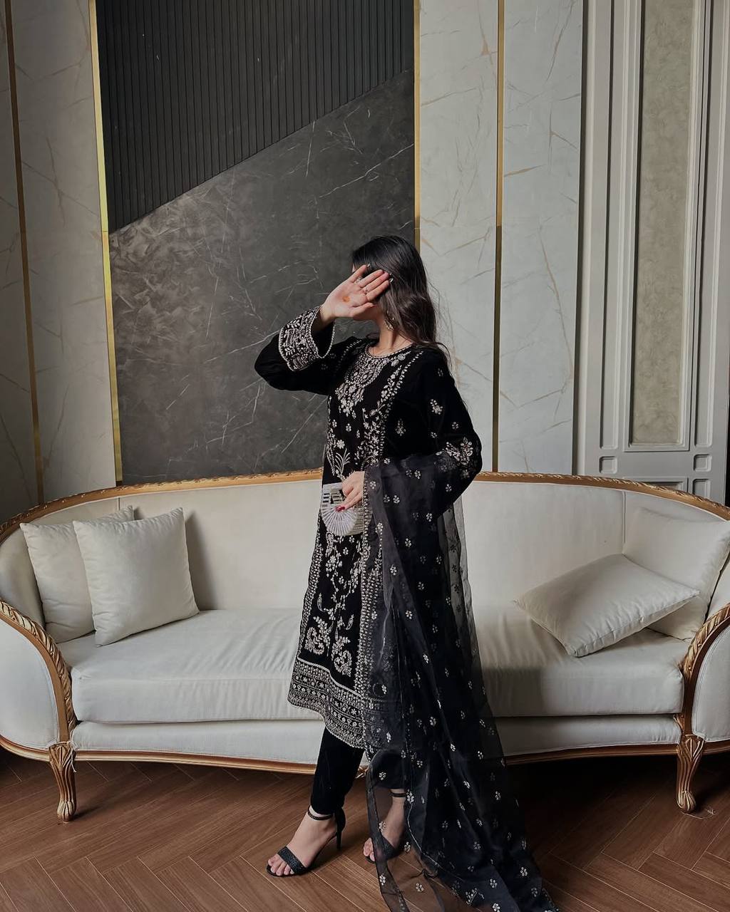 Party Wear Black Color Heavy Natural Crepe Heavy Embroidered Sequin Work Salwar Suit