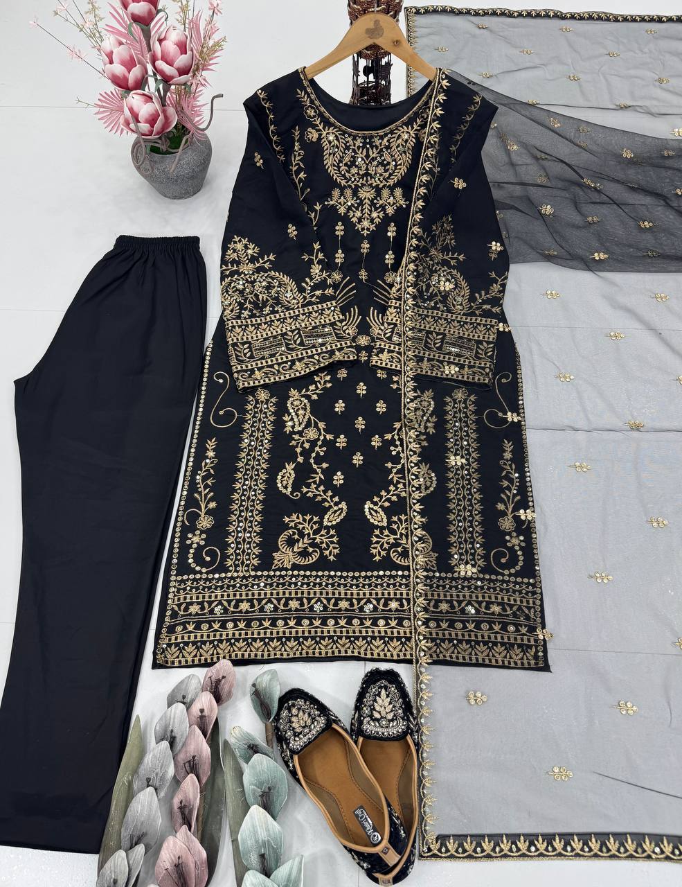 Party Wear Black Color Heavy Natural Crepe Heavy Embroidered Sequin Work Salwar Suit