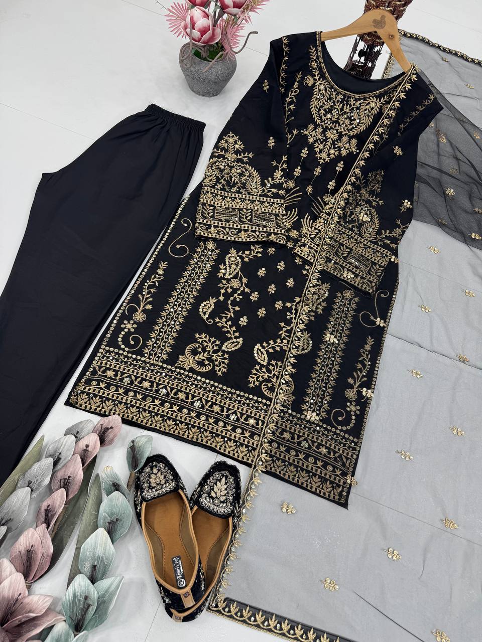 Party Wear Black Color Heavy Natural Crepe Heavy Embroidered Sequin Work Salwar Suit