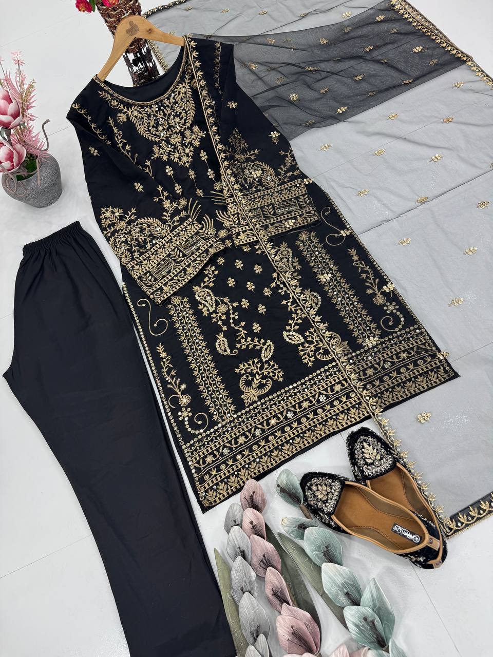 Party Wear Black Color Heavy Natural Crepe Heavy Embroidered Sequin Work Salwar Suit