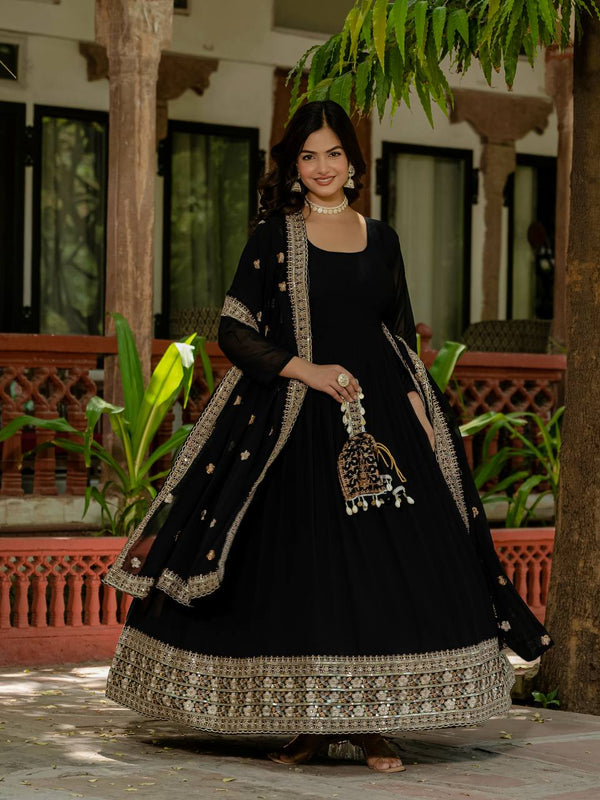 Wedding Wear Black Color Faux Georgette Heavy Embroidery Work Beautiful Gown