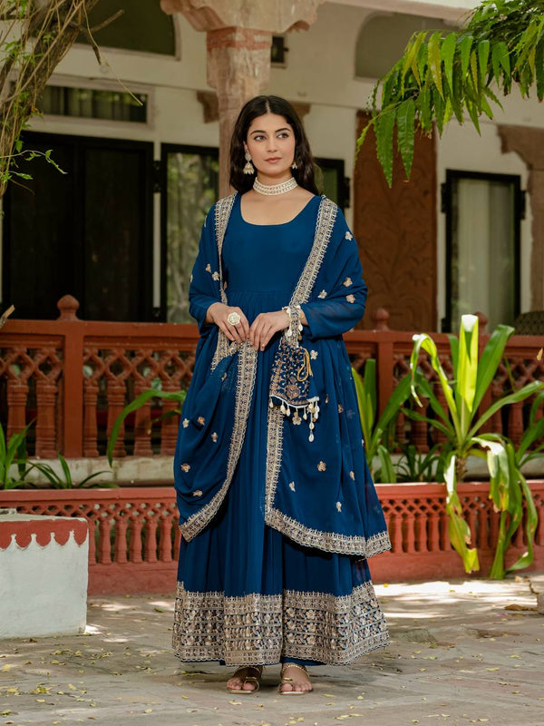Wedding Wear Navy Blue Color Faux Georgette Heavy Embroidery Work Beautiful Gown