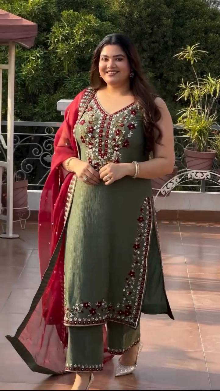 Function Wear Green Color Heavy Vichitra Silk Lavish Heavy Embroidered Sequin Work Salwar Suit