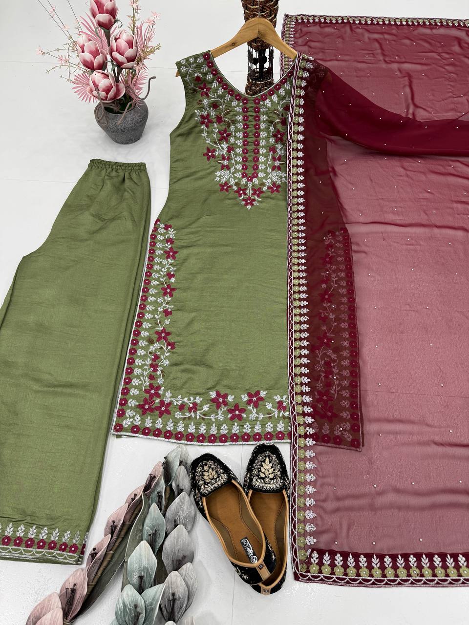 Function Wear Green Color Heavy Vichitra Silk Lavish Heavy Embroidered Sequin Work Salwar Suit