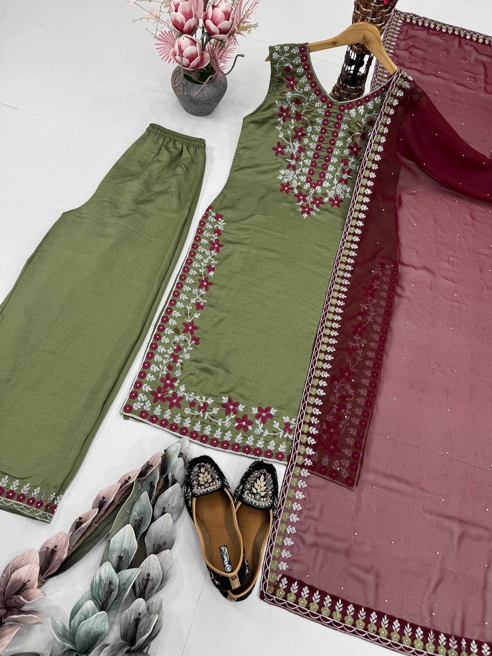 Function Wear Green Color Heavy Vichitra Silk Lavish Heavy Embroidered Sequin Work Salwar Suit