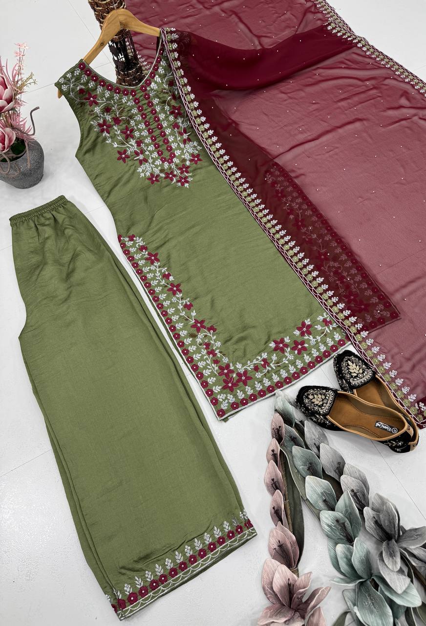Function Wear Green Color Heavy Vichitra Silk Lavish Heavy Embroidered Sequin Work Salwar Suit