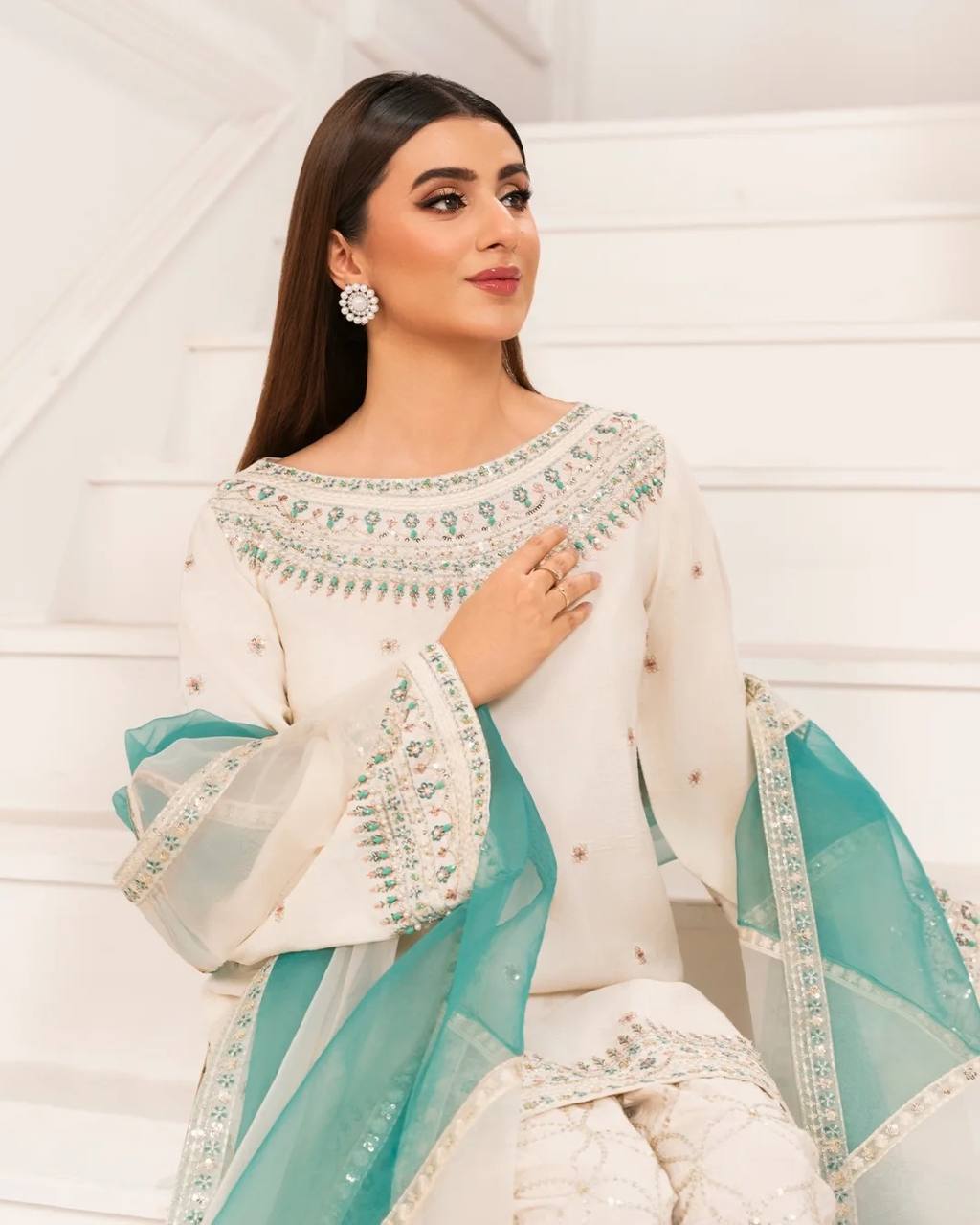 Wedding Wear Off White Color Pure Natural Crepe With Embroidery Sequence Work Palazzo Suit