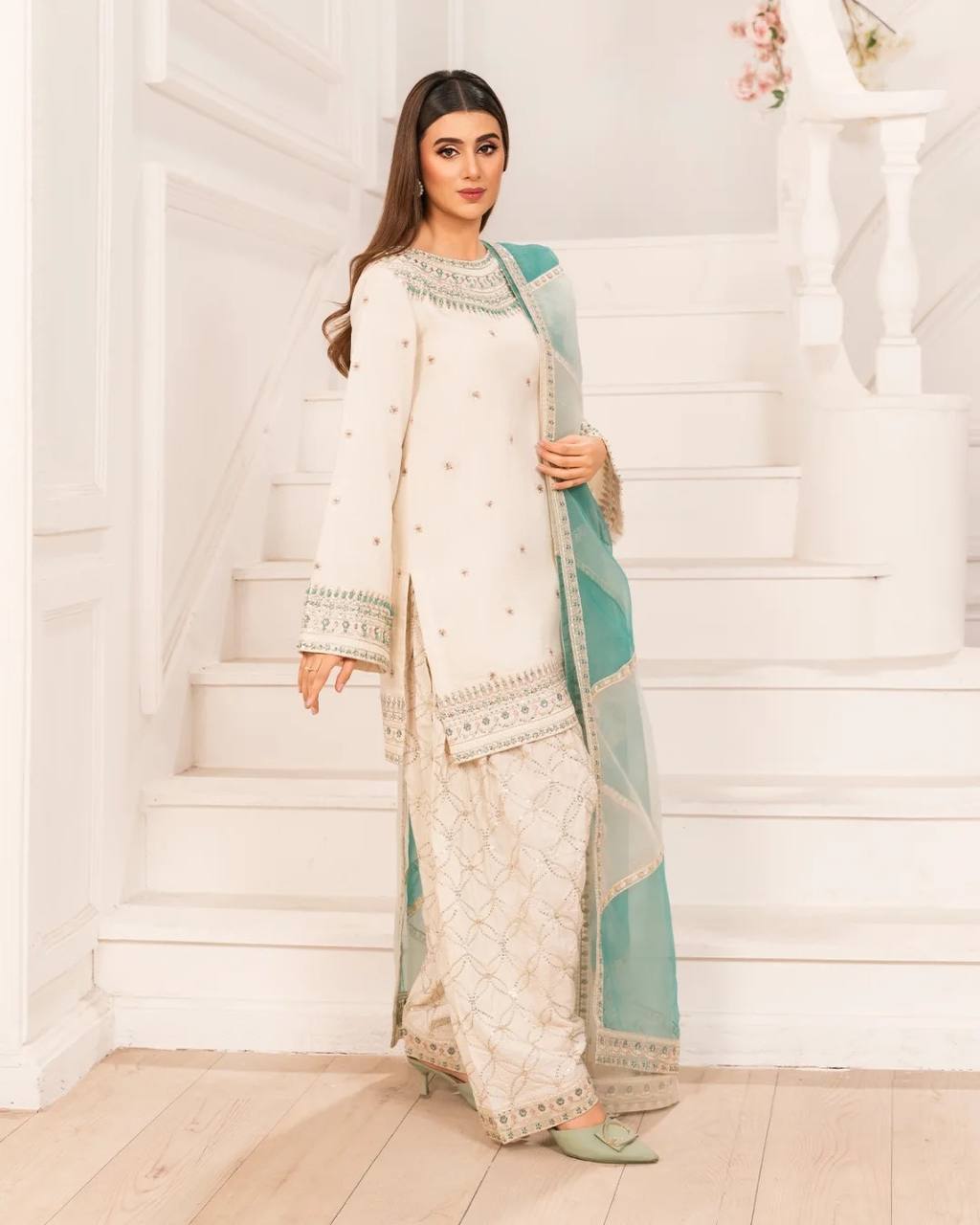 Wedding Wear Off White Color Pure Natural Crepe With Embroidery Sequence Work Palazzo Suit
