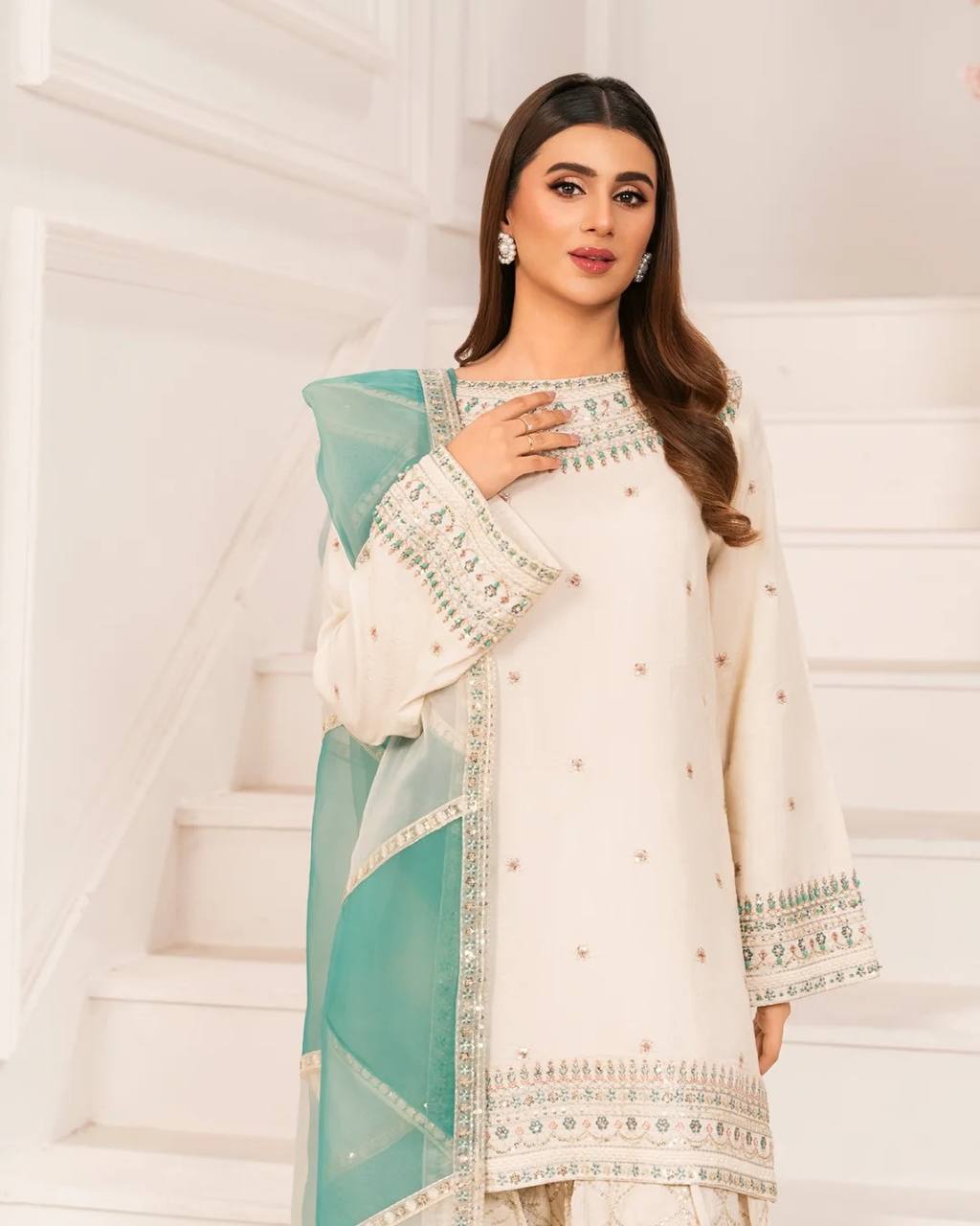 Wedding Wear Off White Color Pure Natural Crepe With Embroidery Sequence Work Palazzo Suit