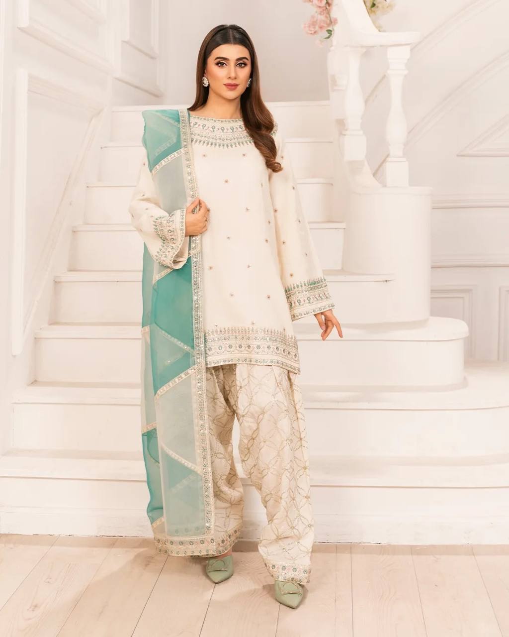 Wedding Wear Off White Color Pure Natural Crepe With Embroidery Sequence Work Palazzo Suit