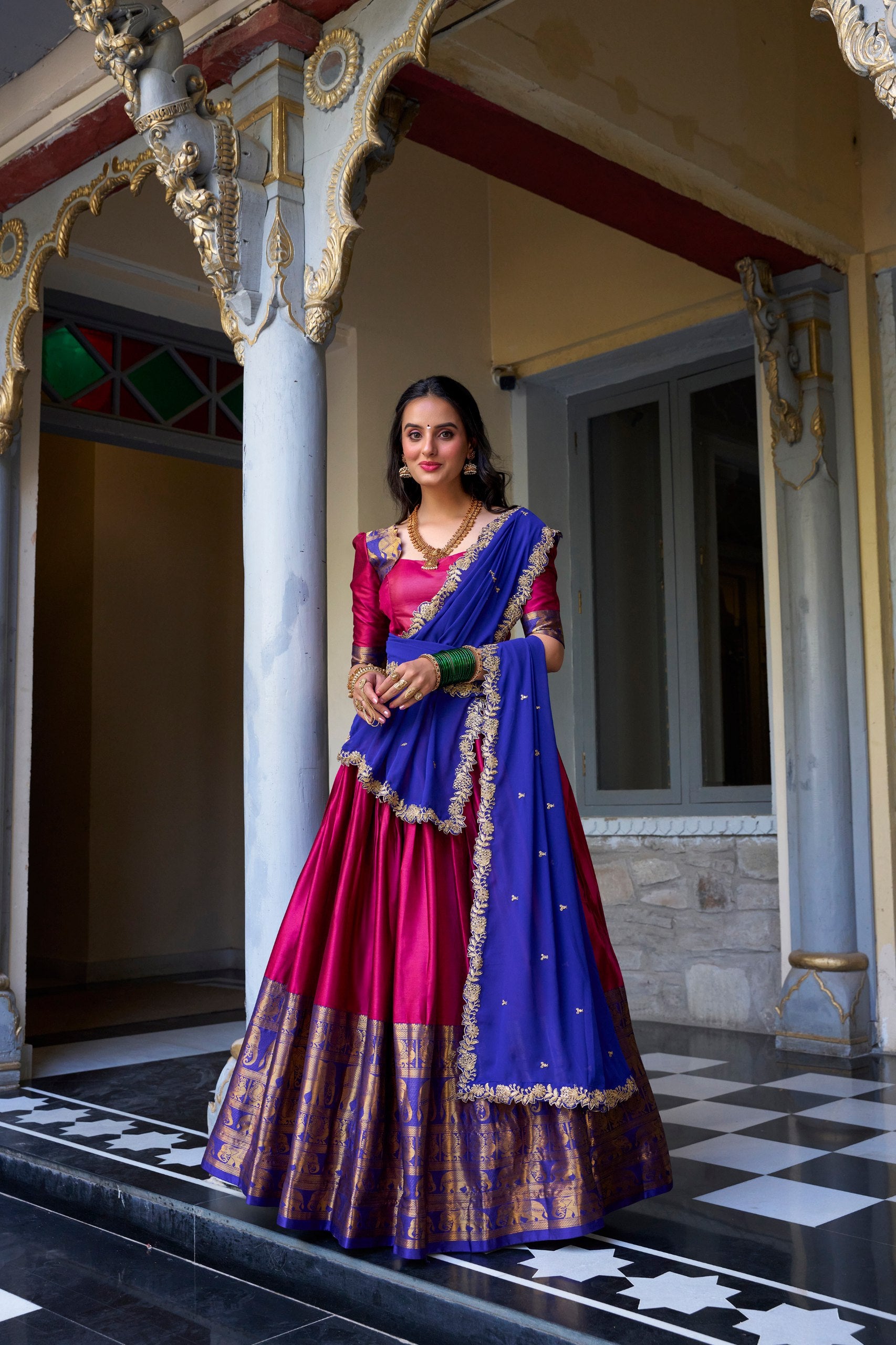 South Indian Wear Pink Color Narayan Pattu With Zari Weaving Work Lehenga Choli