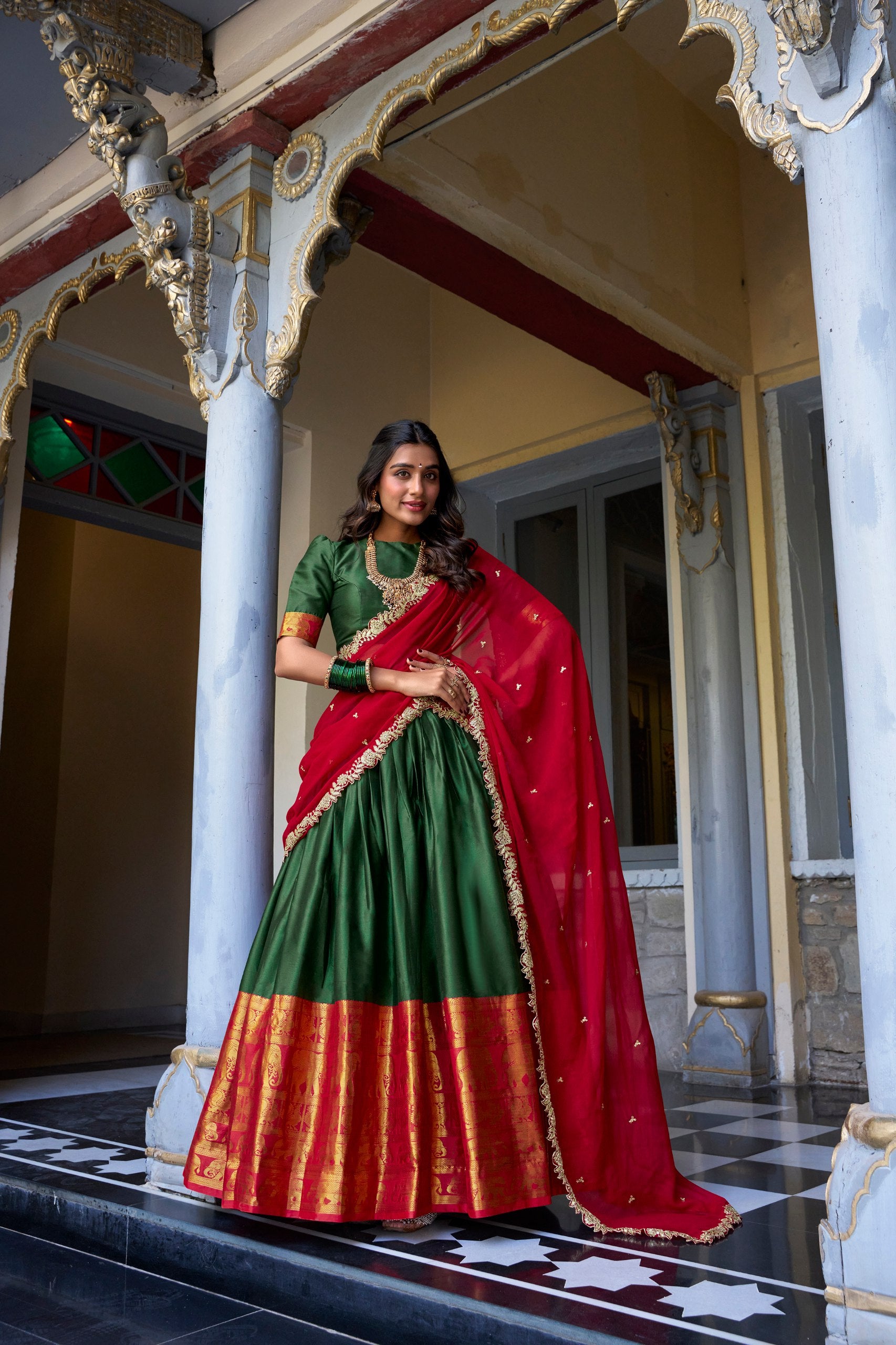 South Indian Wear Green Color Narayan Pattu With Zari Weaving Work Lehenga Choli