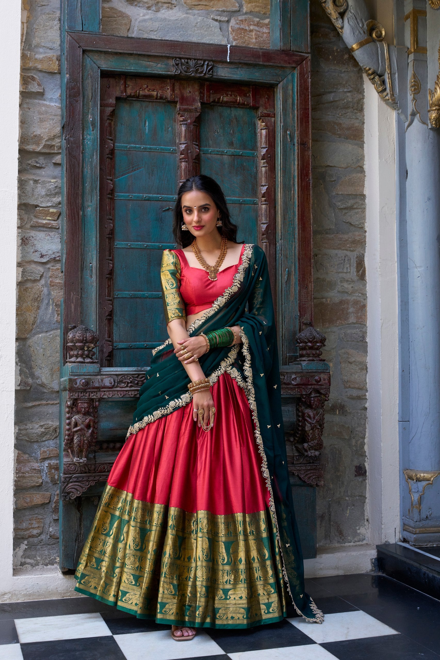 South Indian Wear Red Color Narayan Pattu With Zari Weaving Work Lehenga Choli