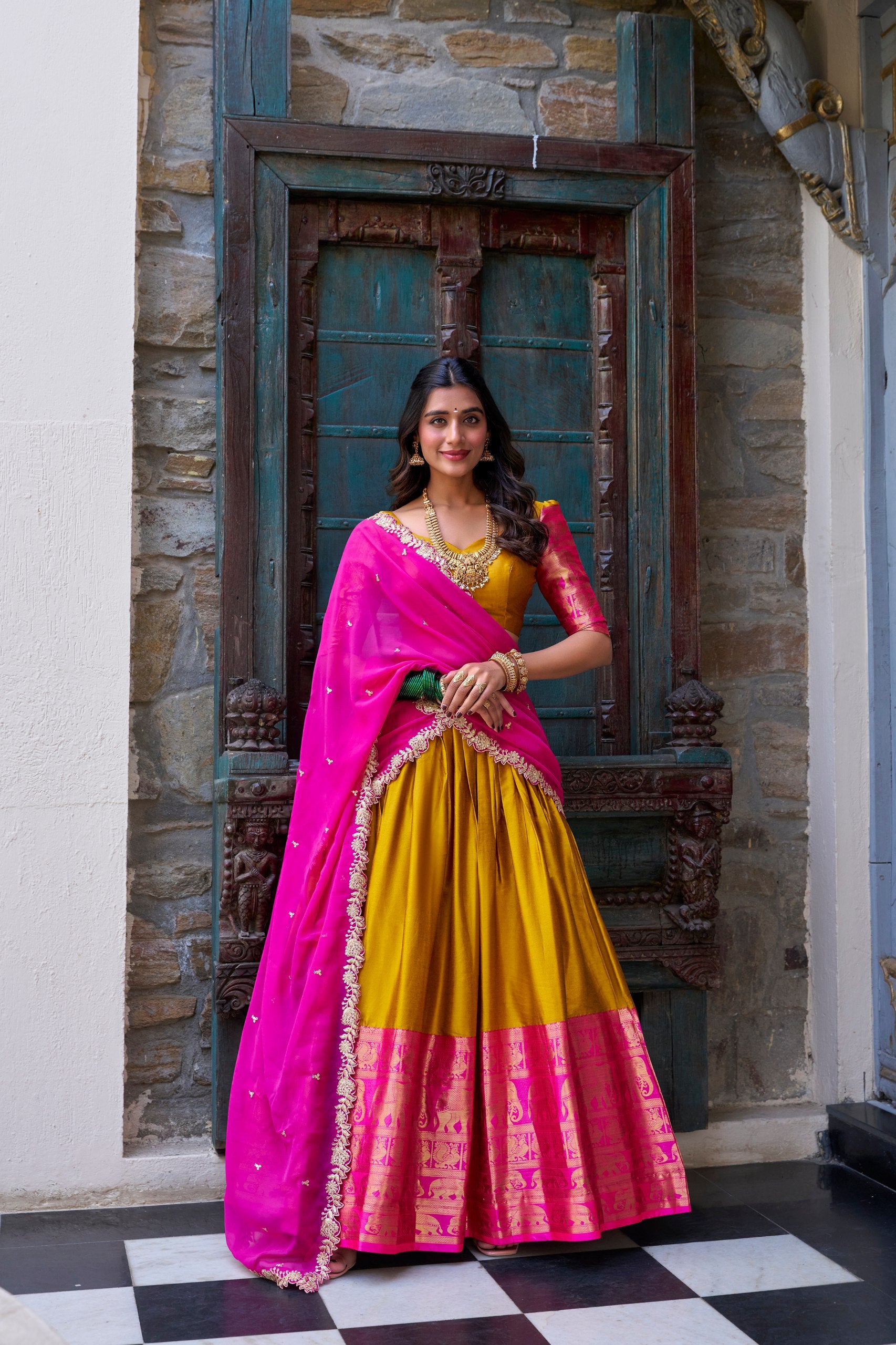 South Indian Wear Mustard Color Narayan Pattu With Zari Weaving Work Lehenga Choli