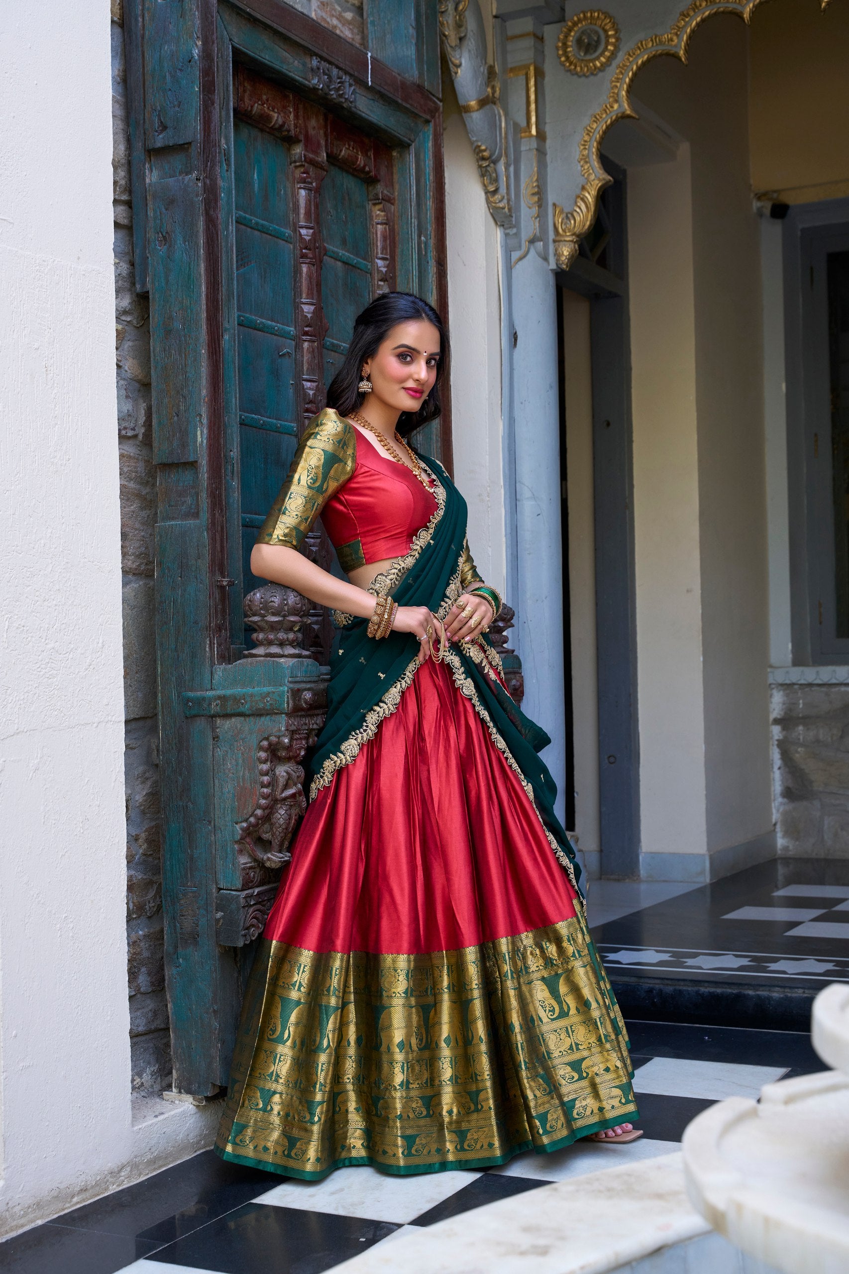 South Indian Wear Red Color Narayan Pattu With Zari Weaving Work Lehenga Choli