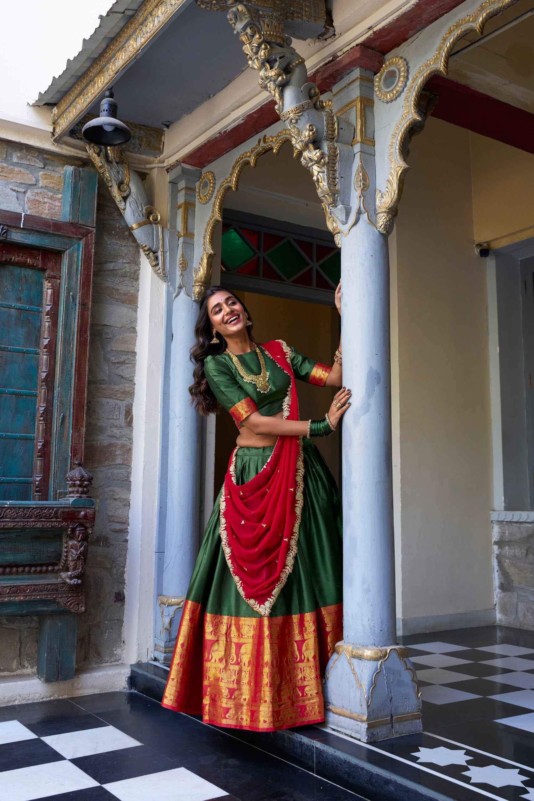 South Indian Wear Green Color Narayan Pattu With Zari Weaving Work Lehenga Choli
