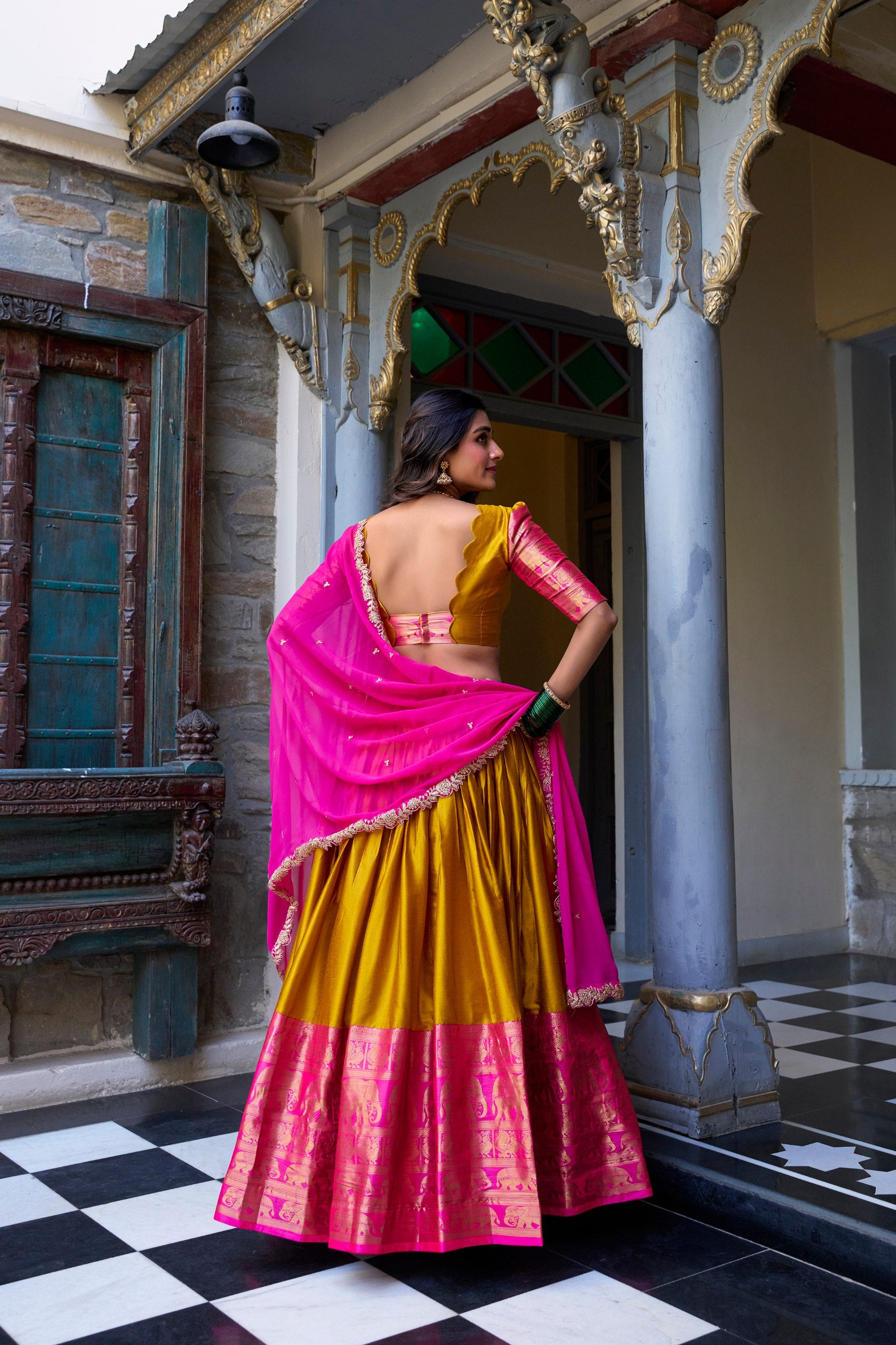 South Indian Wear Mustard Color Narayan Pattu With Zari Weaving Work Lehenga Choli