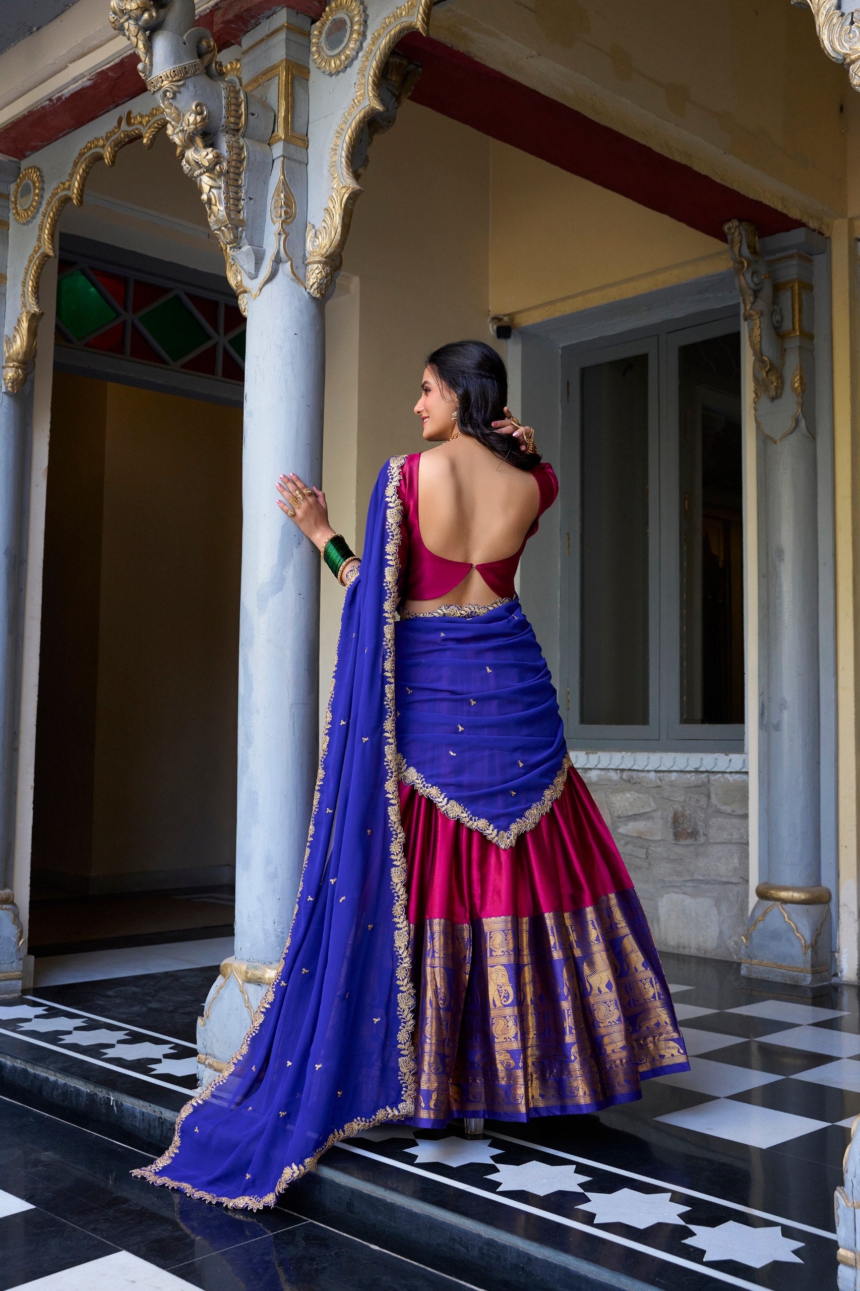 South Indian Wear Pink Color Narayan Pattu With Zari Weaving Work Lehenga Choli