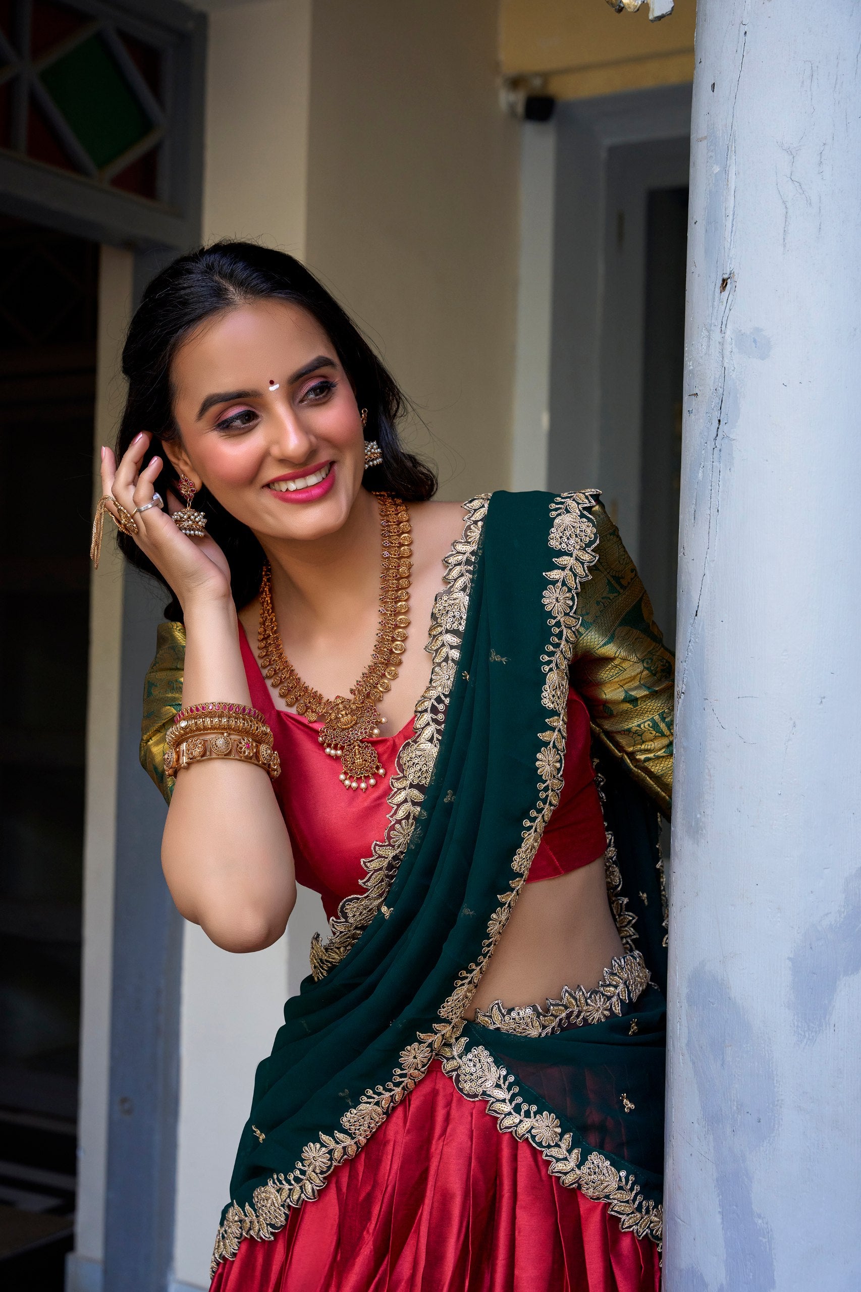 South Indian Wear Red Color Narayan Pattu With Zari Weaving Work Lehenga Choli
