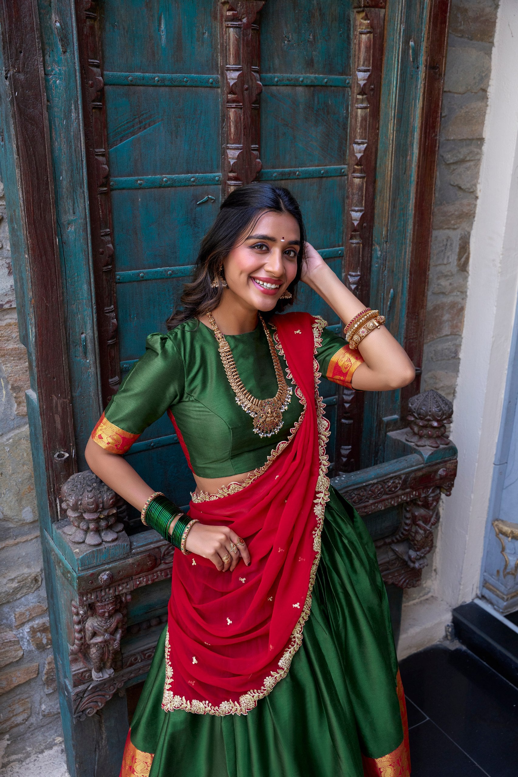 South Indian Wear Green Color Narayan Pattu With Zari Weaving Work Lehenga Choli