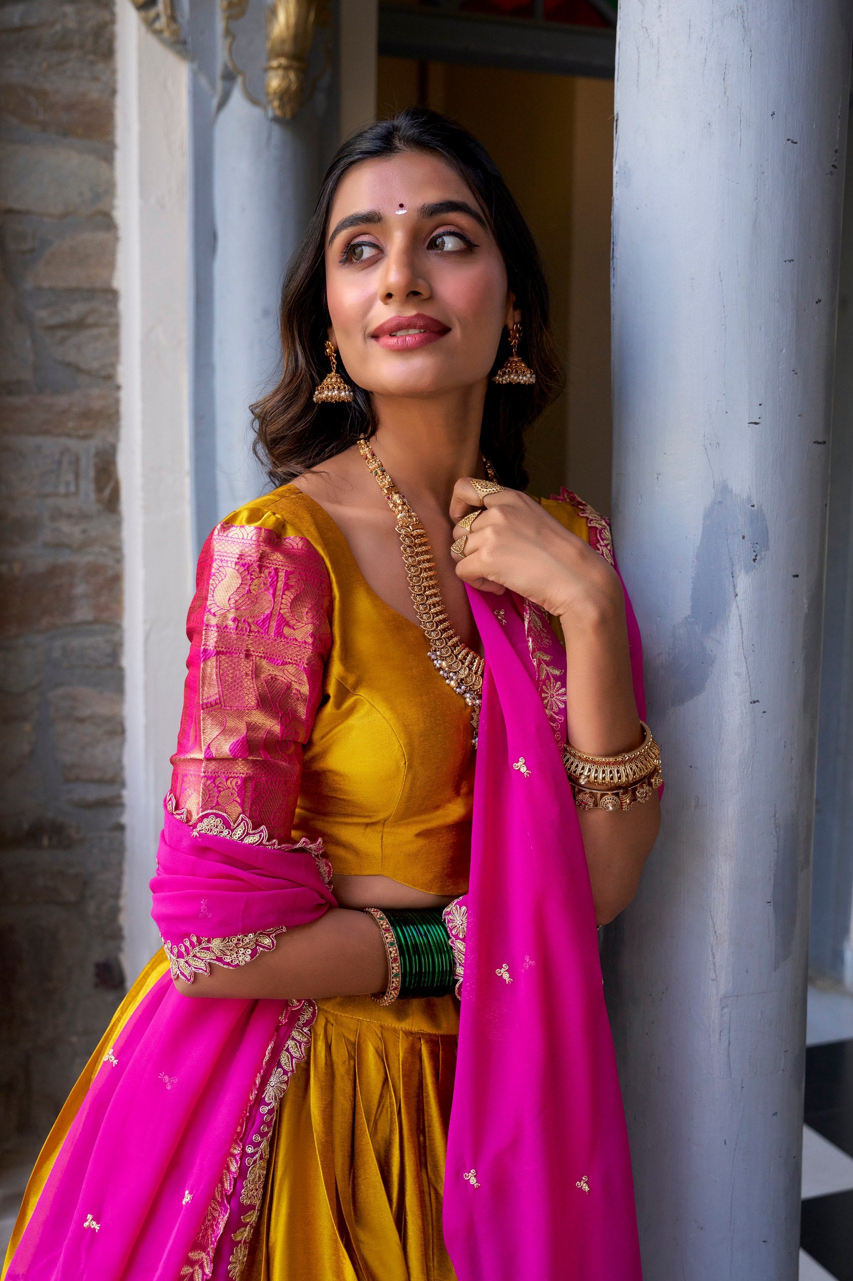 South Indian Wear Mustard Color Narayan Pattu With Zari Weaving Work Lehenga Choli