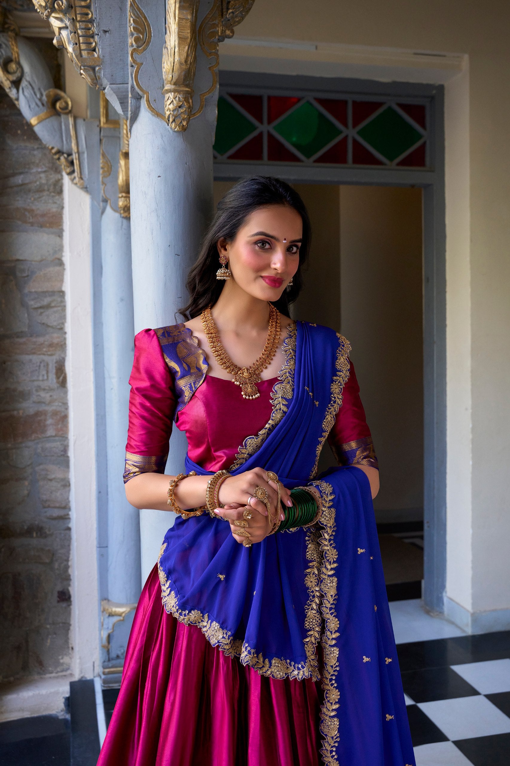 South Indian Wear Pink Color Narayan Pattu With Zari Weaving Work Lehenga Choli