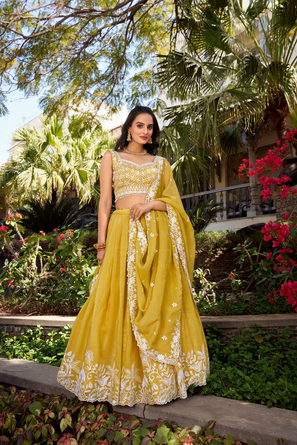 Haldi Wear Yellow Color Gold Crush With Sequins And Thread Embroidery Work Designer Lehenga Choli