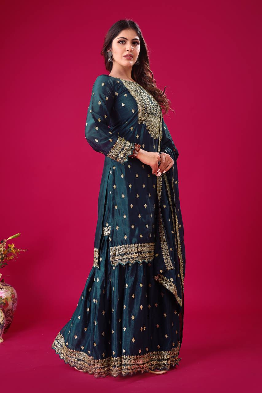 Exclusive Teal Blue Color Chinon Silk With Heavy Embroidery Sequence Work Sharara Suit