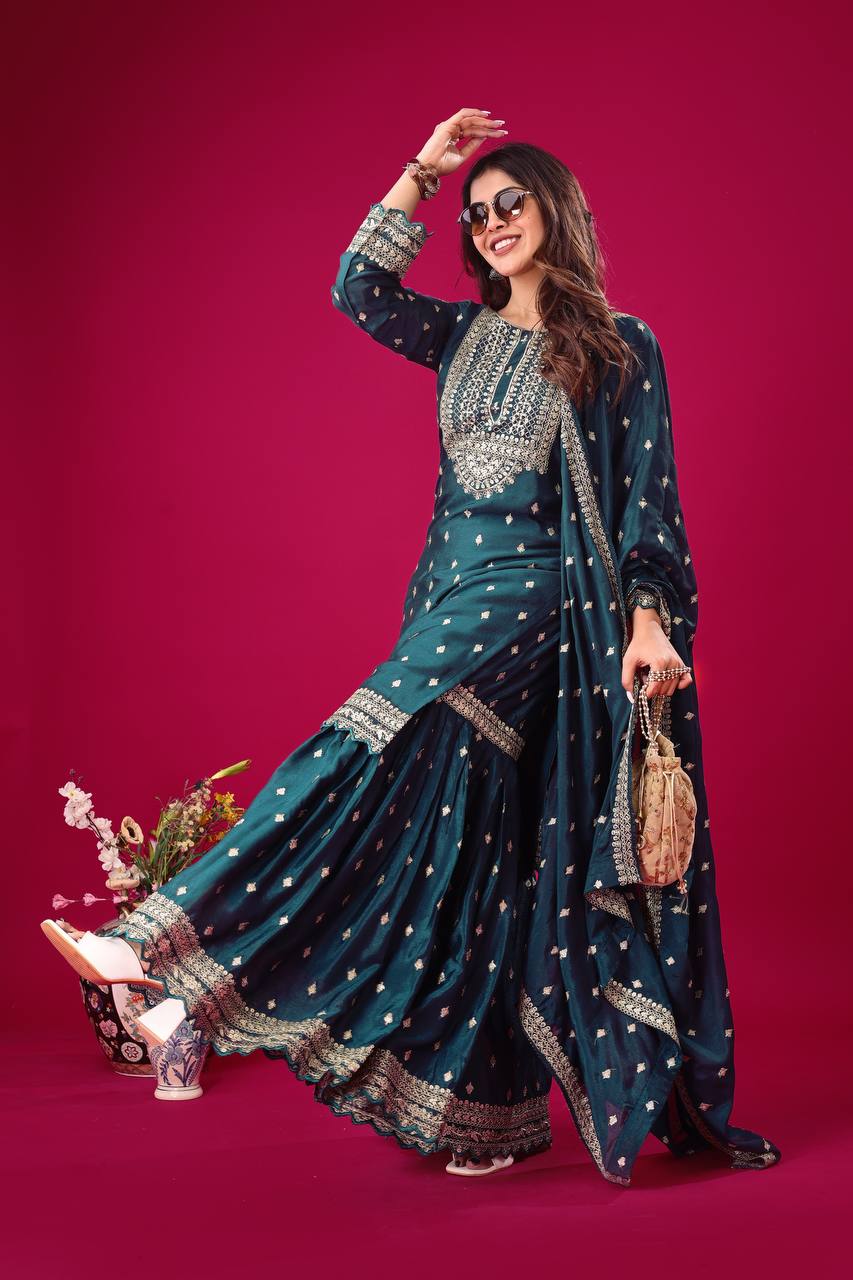 Exclusive Teal Blue Color Chinon Silk With Heavy Embroidery Sequence Work Sharara Suit