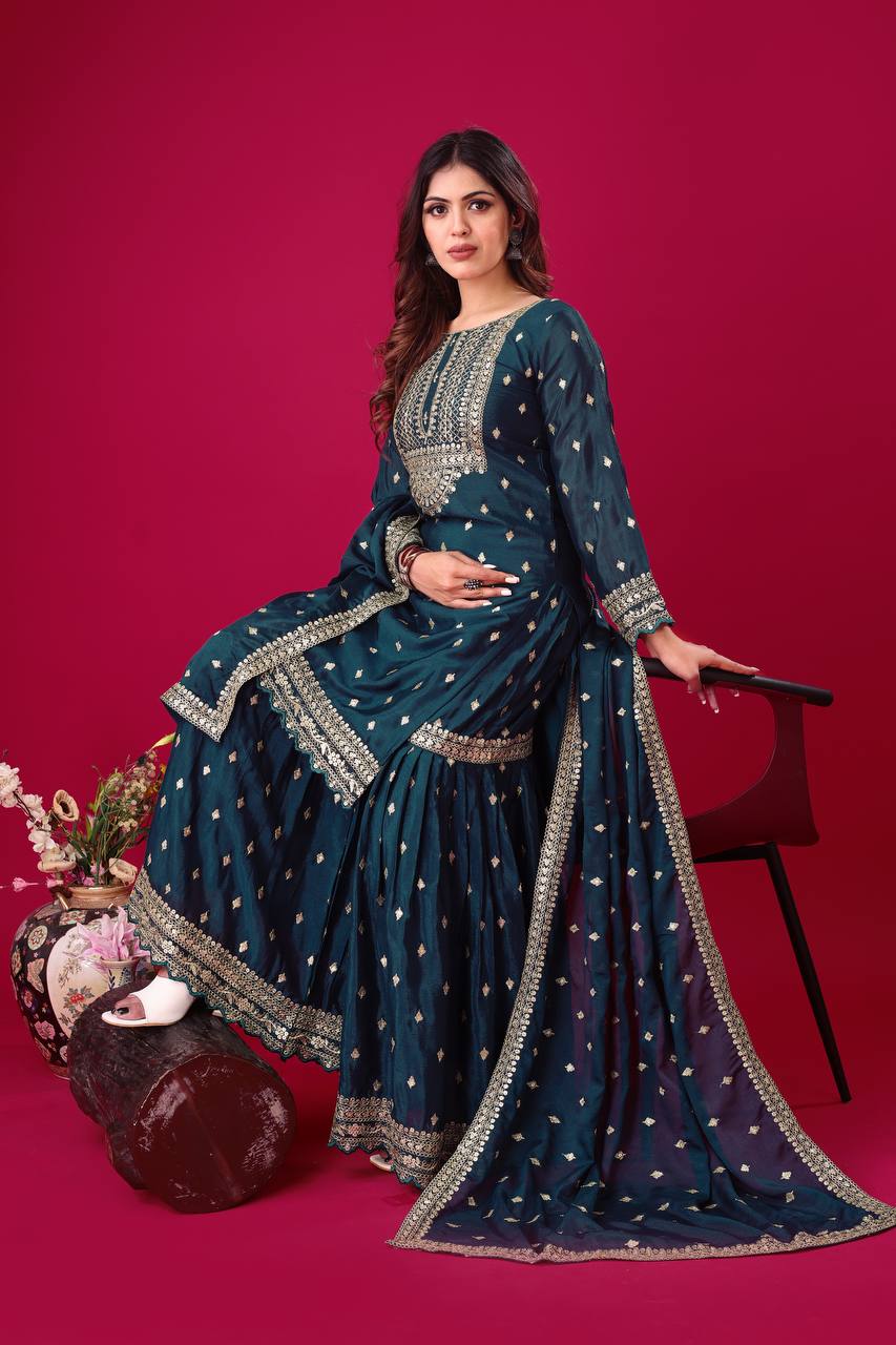 Exclusive Teal Blue Color Chinon Silk With Heavy Embroidery Sequence Work Sharara Suit