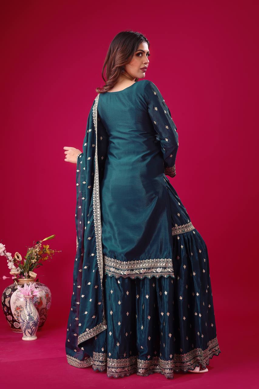 Exclusive Teal Blue Color Chinon Silk With Heavy Embroidery Sequence Work Sharara Suit
