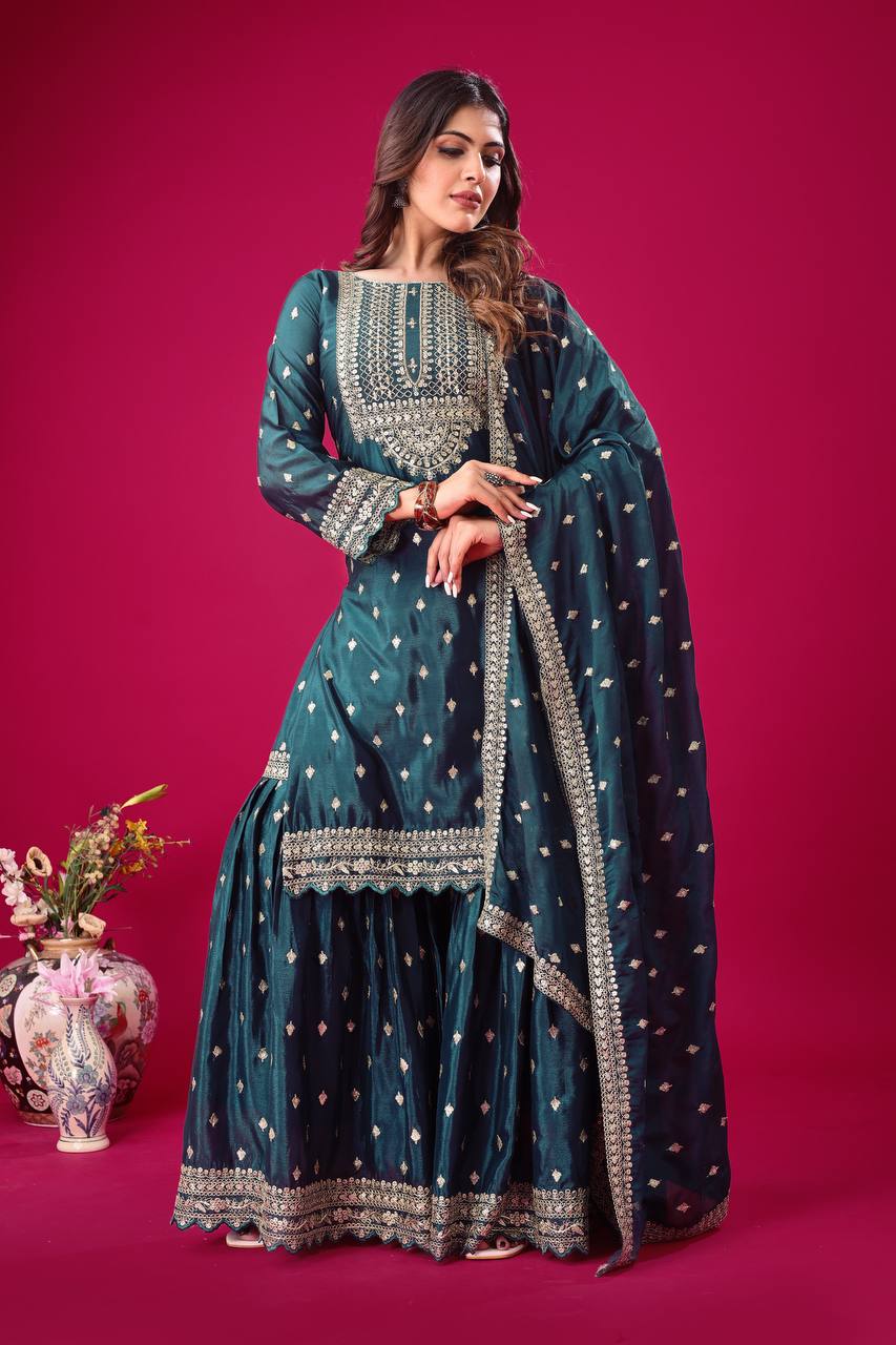 Exclusive Teal Blue Color Chinon Silk With Heavy Embroidery Sequence Work Sharara Suit