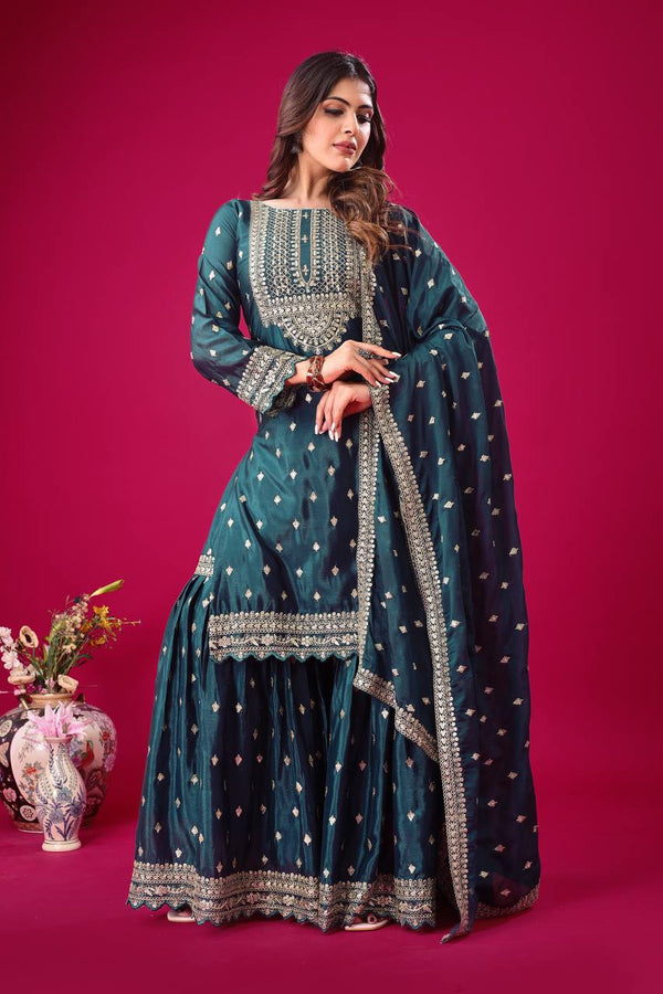 Exclusive Teal Blue Color Chinon Silk With Heavy Embroidery Sequence Work Sharara Suit