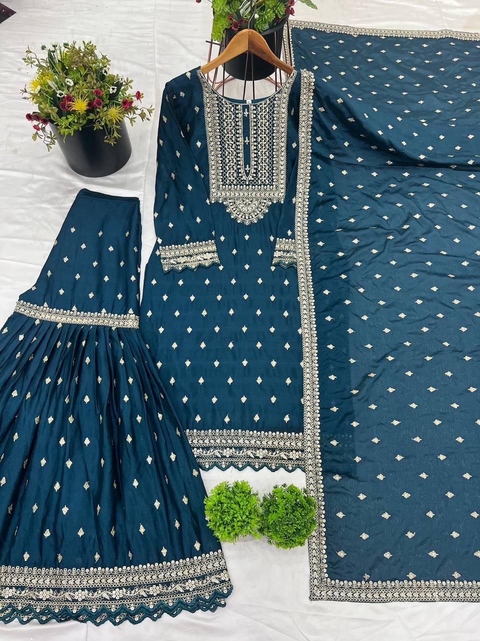Exclusive Teal Blue Color Chinon Silk With Heavy Embroidery Sequence Work Sharara Suit