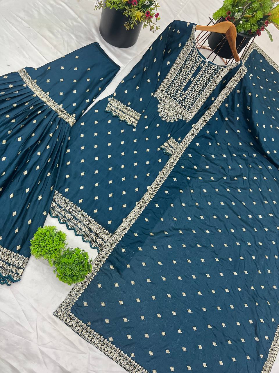 Exclusive Teal Blue Color Chinon Silk With Heavy Embroidery Sequence Work Sharara Suit