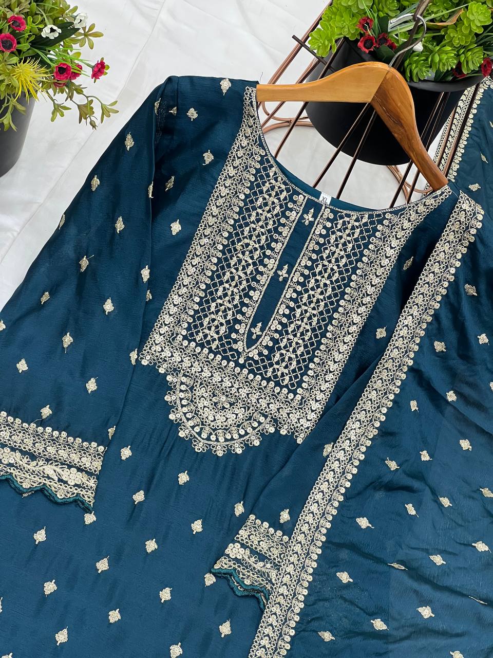 Exclusive Teal Blue Color Chinon Silk With Heavy Embroidery Sequence Work Sharara Suit