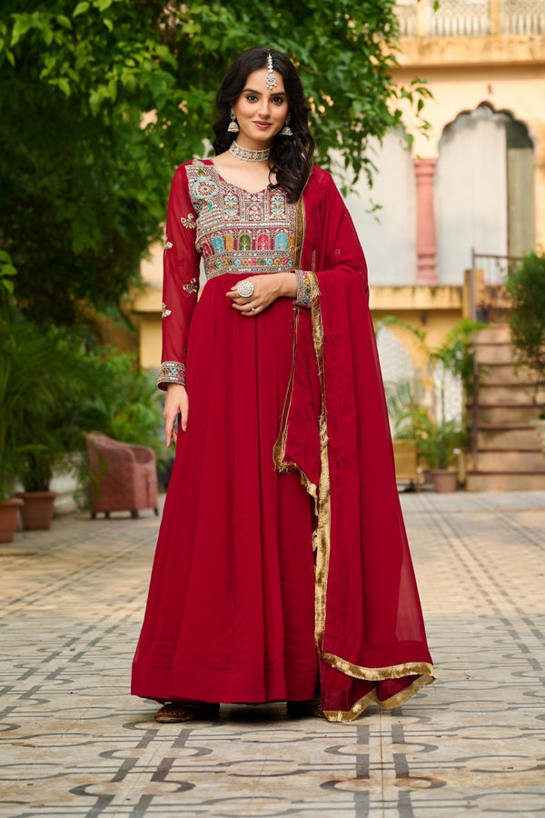 Ceremony Wear Maroon Color Faux Blooming With Sequins And Multi Thread Embroidered Work Beautiful Gown