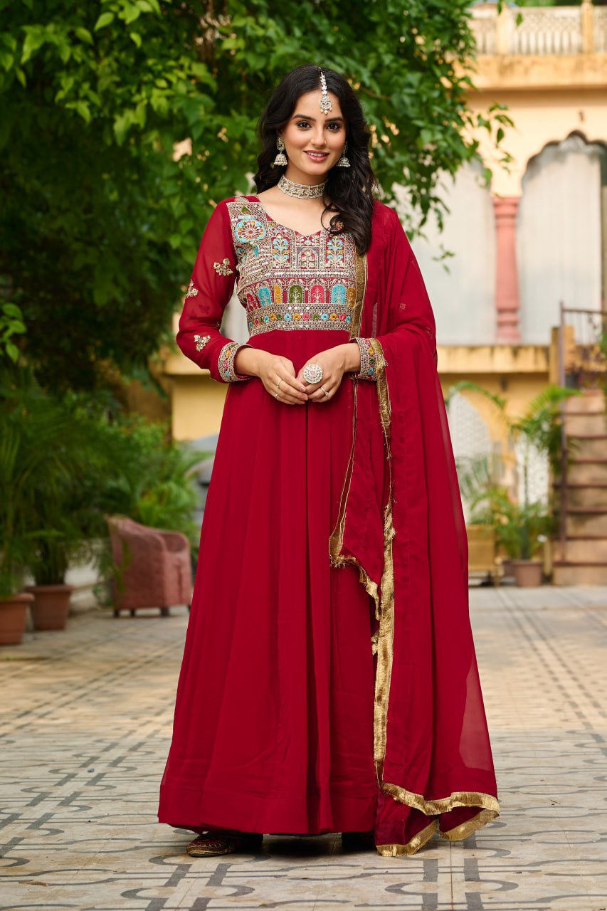 Ceremony Wear Maroon Color Faux Blooming With Sequins And Multi Thread Embroidered Work Beautiful Gown