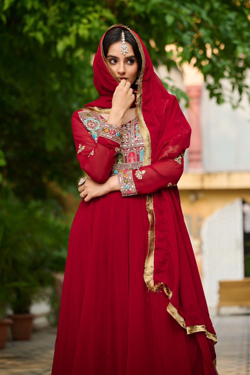 Ceremony Wear Maroon Color Faux Blooming With Sequins And Multi Thread Embroidered Work Beautiful Gown