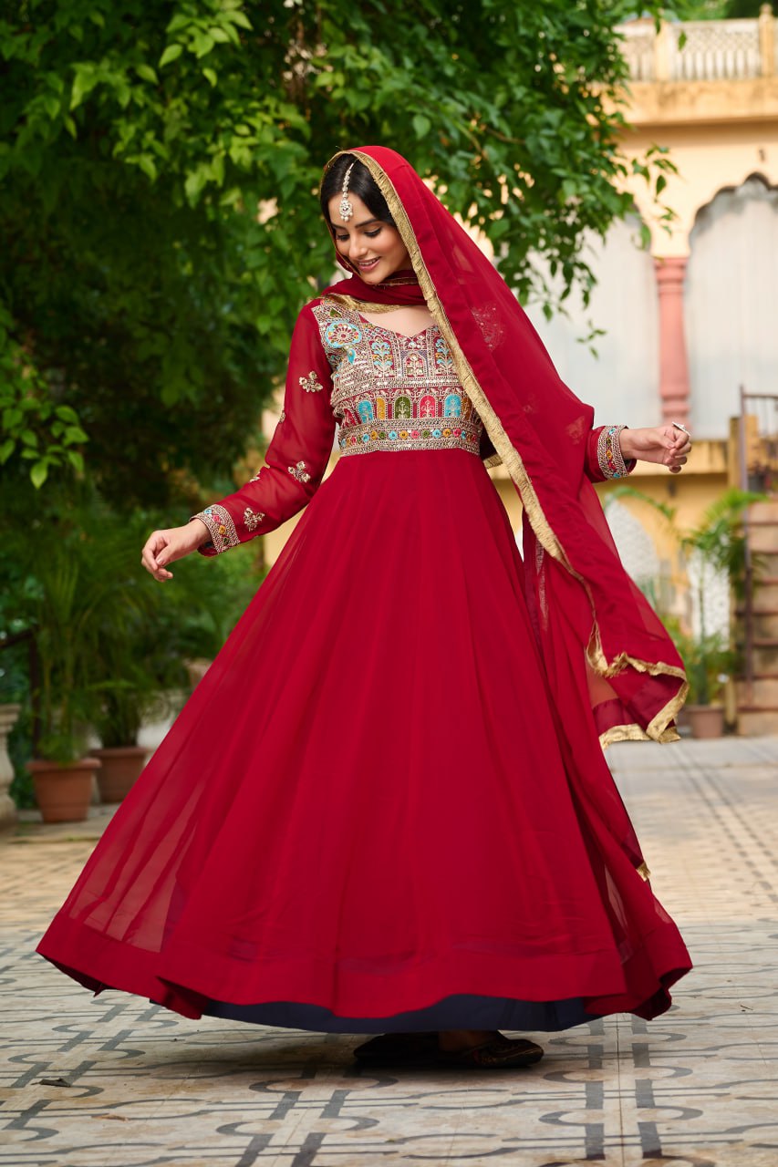 Ceremony Wear Maroon Color Faux Blooming With Sequins And Multi Thread Embroidered Work Beautiful Gown