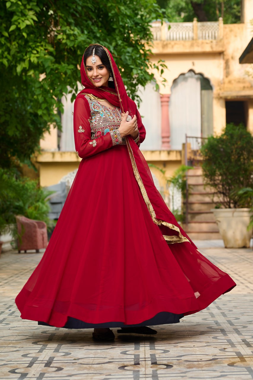 Ceremony Wear Maroon Color Faux Blooming With Sequins And Multi Thread Embroidered Work Beautiful Gown