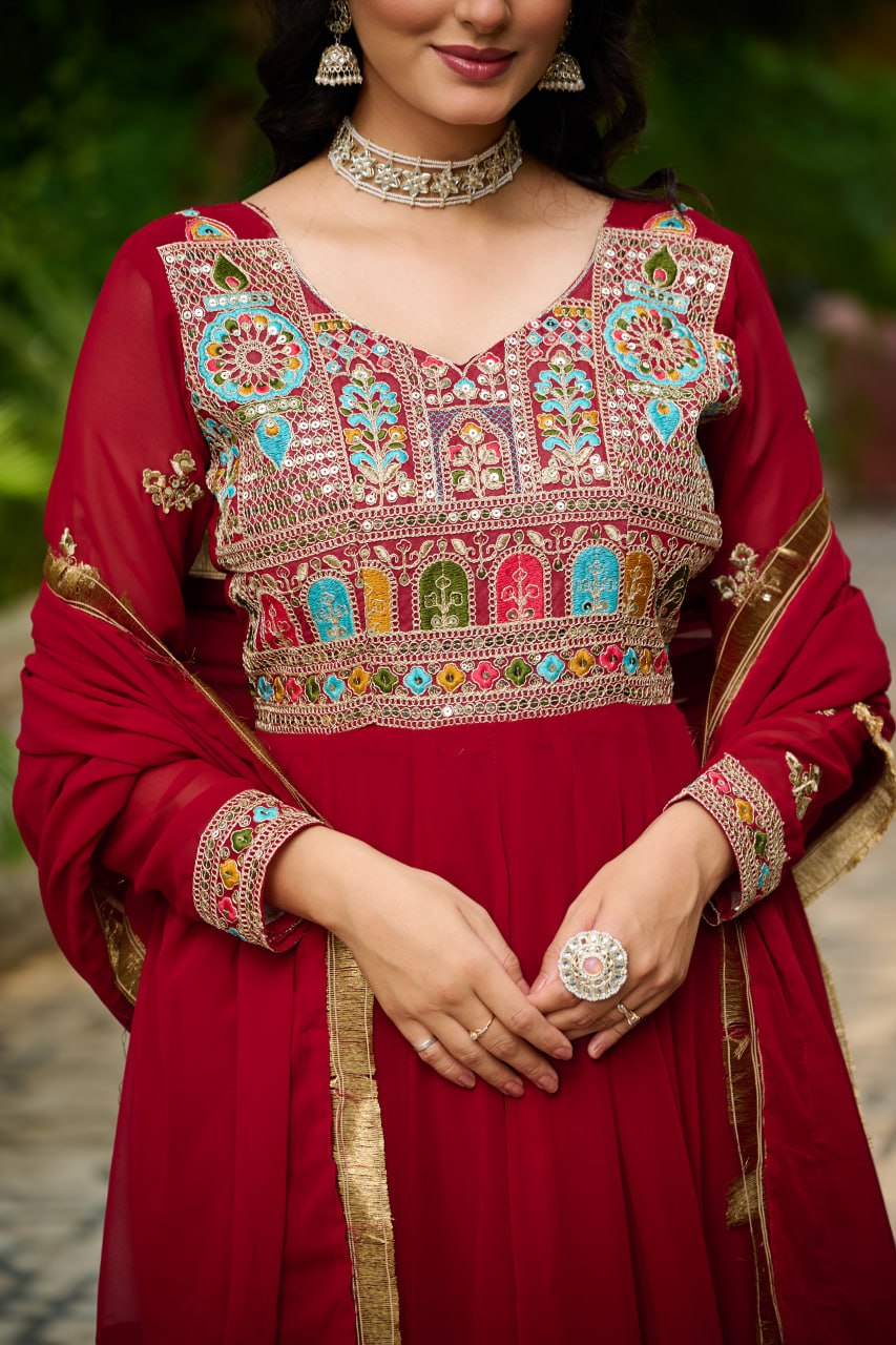 Ceremony Wear Maroon Color Faux Blooming With Sequins And Multi Thread Embroidered Work Beautiful Gown