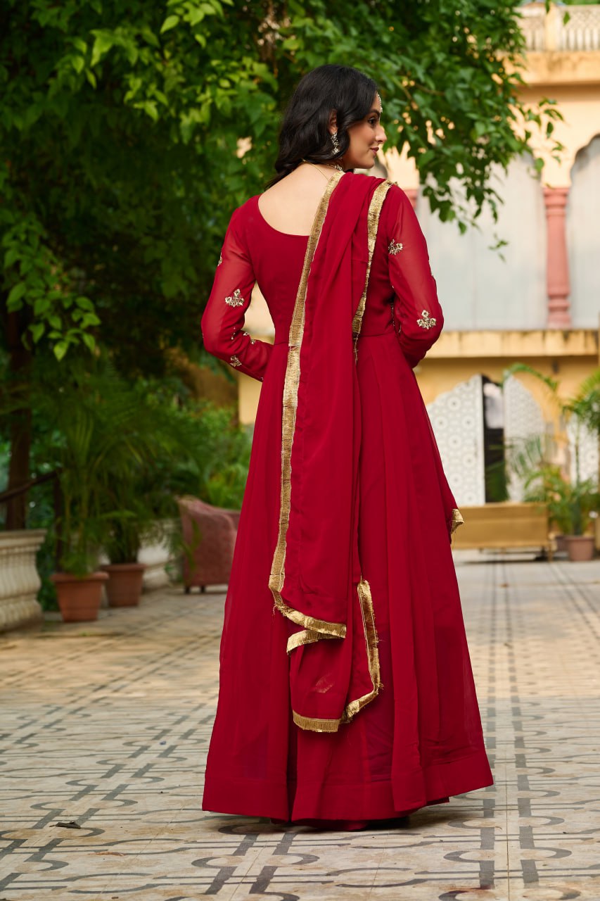 Ceremony Wear Maroon Color Faux Blooming With Sequins And Multi Thread Embroidered Work Beautiful Gown